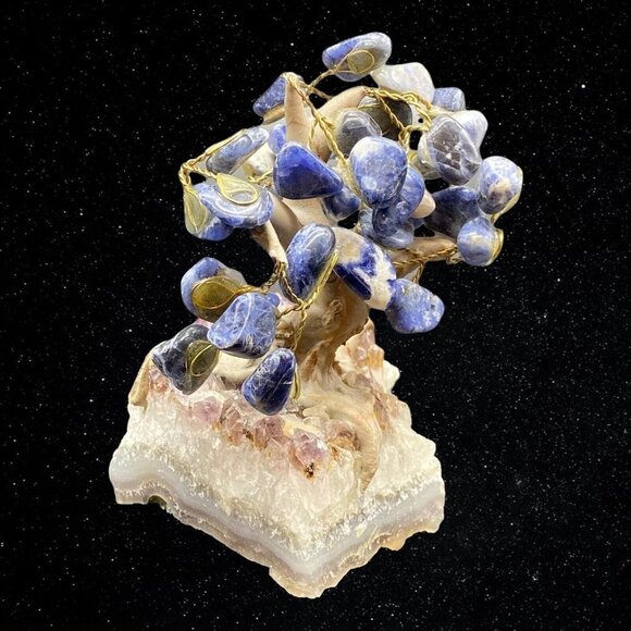 Gem Bonsai Tree on Amethyst Base Miniature Sodalite Stones 4”T 3.5”W - Picture 3 of 7